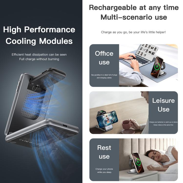 TOTU CW-4-W Wireless Charging Station 3 in 1 Magnetic Folding Charger Stand for Phone Watch Earbuds - Grey