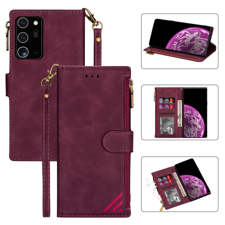 For Samsung Galaxy Note20 Zipper Multi-card Slots Horizontal Flip PU Leather Case with Holder & Card Slots & Wallet & Lanyard & Photo Frame