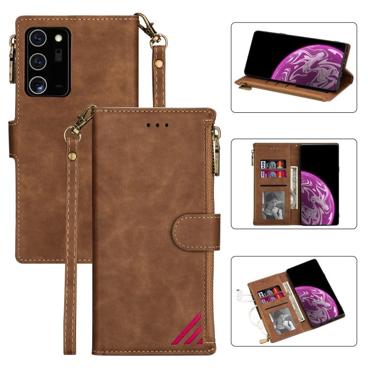 For Samsung Galaxy Note20 Zipper Multi-card Slots Horizontal Flip PU Leather Case with Holder & Card Slots & Wallet & Lanyard & Photo Frame