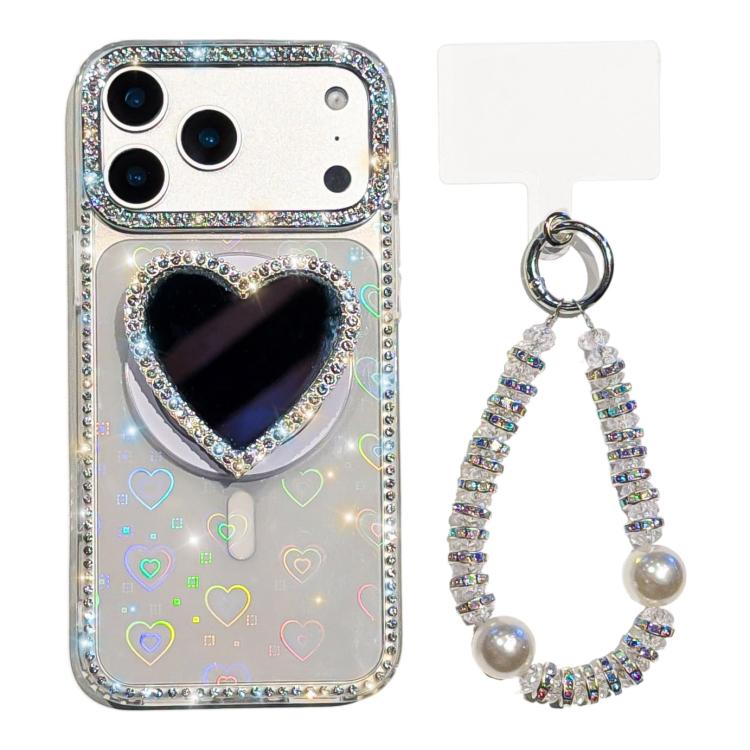 For iPhone 17 Pro Max Sparkling IMD Heart-Shaped Mirror Magnetic Phone Case with Bracelet