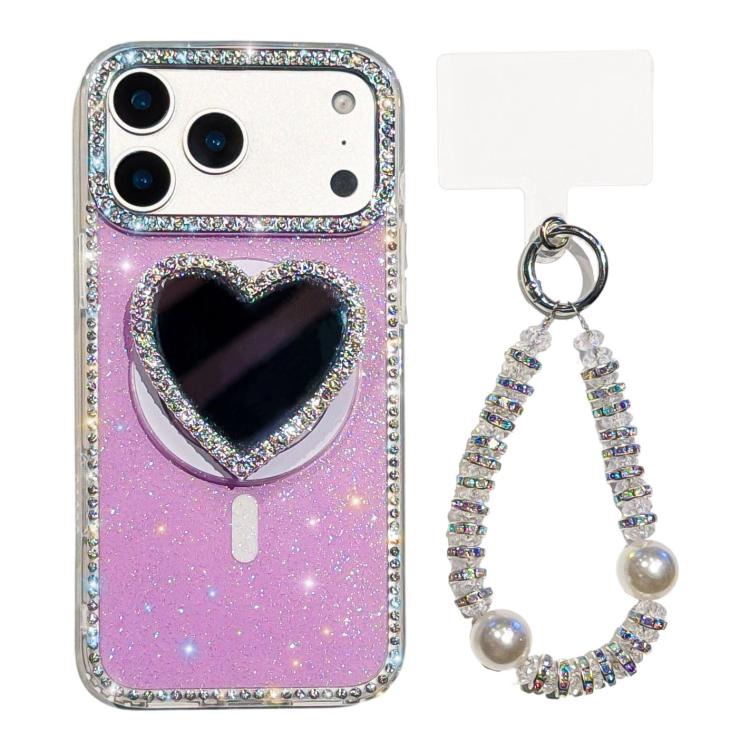 For iPhone 17 Pro Max Sparkling IMD Heart-Shaped Mirror Magnetic Phone Case with Bracelet