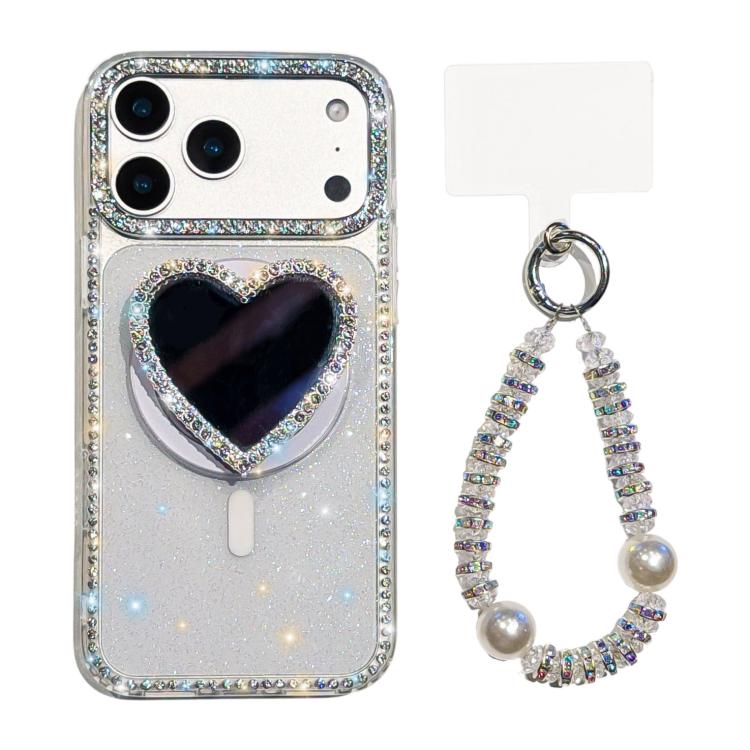 For iPhone 17 Pro Sparkling IMD Heart-Shaped Mirror Magnetic Phone Case with Bracelet