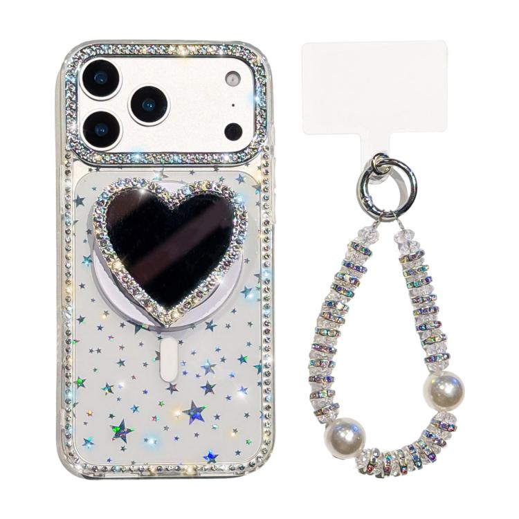 For iPhone 17 Pro Sparkling IMD Heart-Shaped Mirror Magnetic Phone Case with Bracelet
