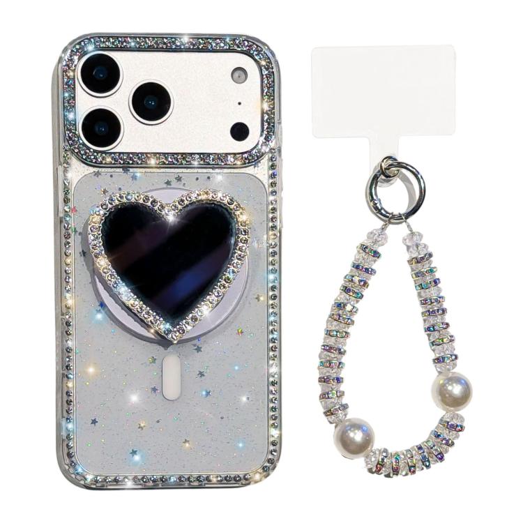 For iPhone 17 Pro Sparkling IMD Heart-Shaped Mirror Magnetic Phone Case with Bracelet