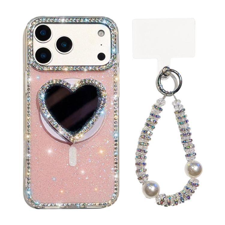 For iPhone 17 Pro Sparkling IMD Heart-Shaped Mirror Magnetic Phone Case with Bracelet