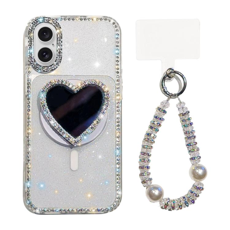 For iPhone 17 Sparkling IMD Heart-Shaped Mirror Magnetic Phone Case with Bracelet