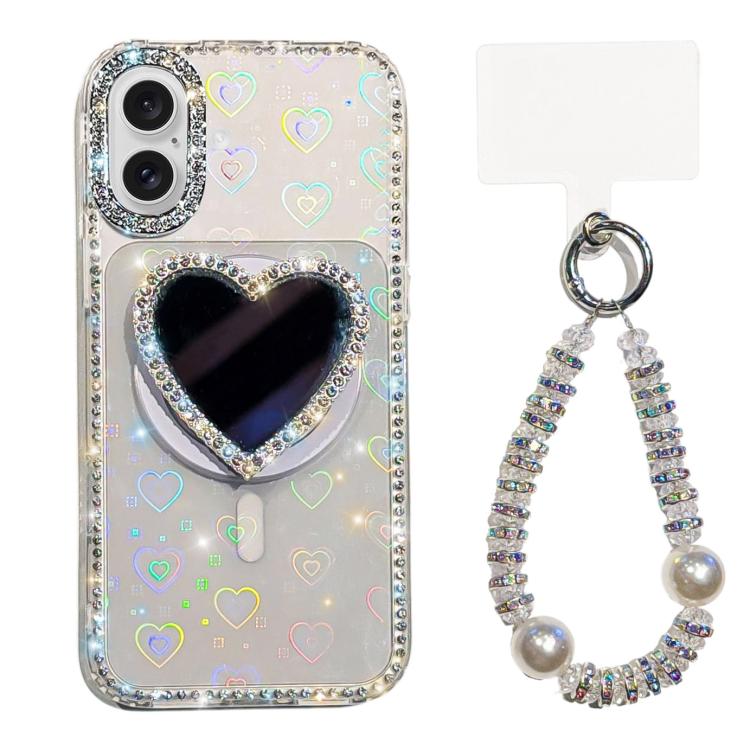 For iPhone 17 Sparkling IMD Heart-Shaped Mirror Magnetic Phone Case with Bracelet