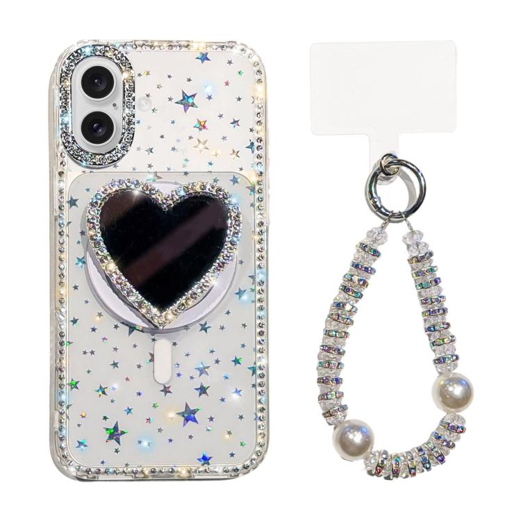 For iPhone 17 Sparkling IMD Heart-Shaped Mirror Magnetic Phone Case with Bracelet