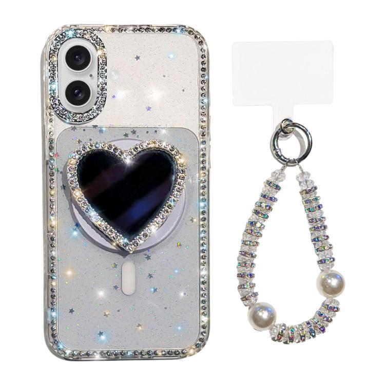 For iPhone 17 Sparkling IMD Heart-Shaped Mirror Magnetic Phone Case with Bracelet