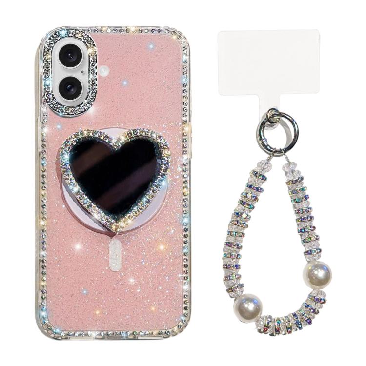 For iPhone 17 Sparkling IMD Heart-Shaped Mirror Magnetic Phone Case with Bracelet