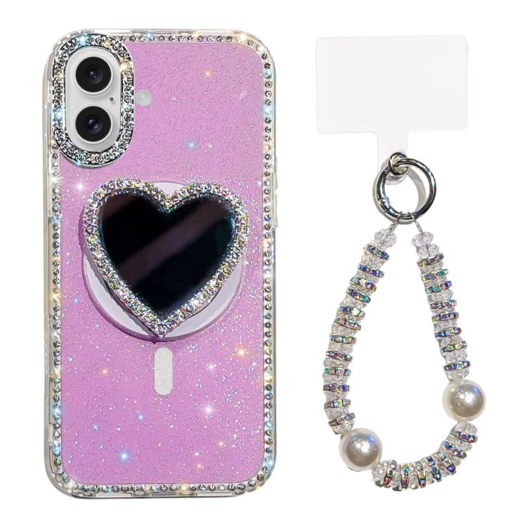 For iPhone 17 Sparkling IMD Heart-Shaped Mirror Magnetic Phone Case with Bracelet