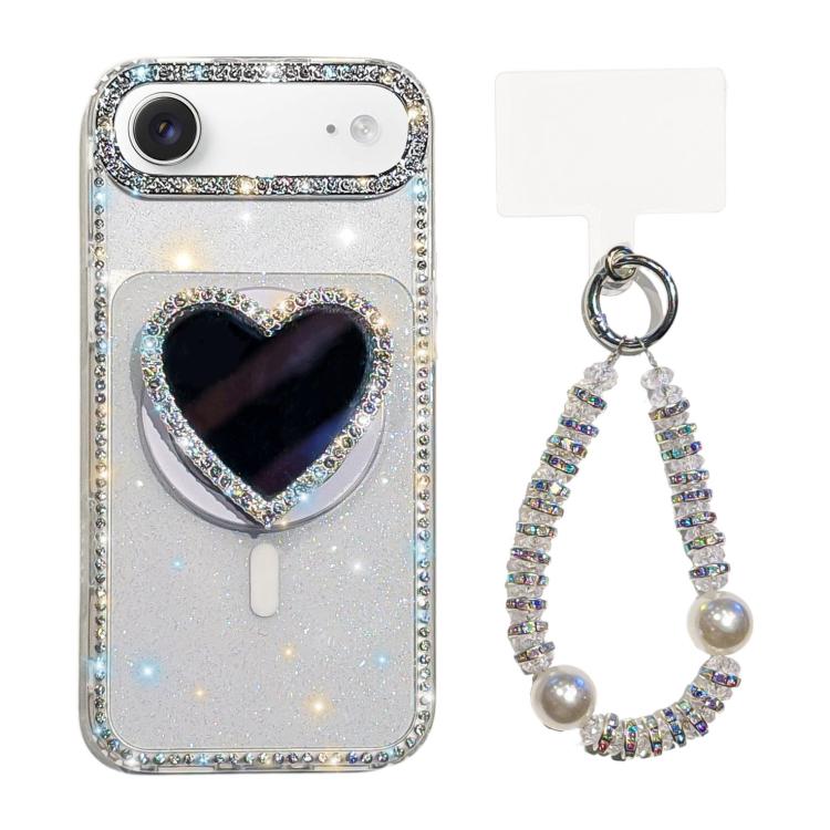 For iPhone Air Sparkling IMD Heart-Shaped Mirror Magnetic Phone Case with Bracelet