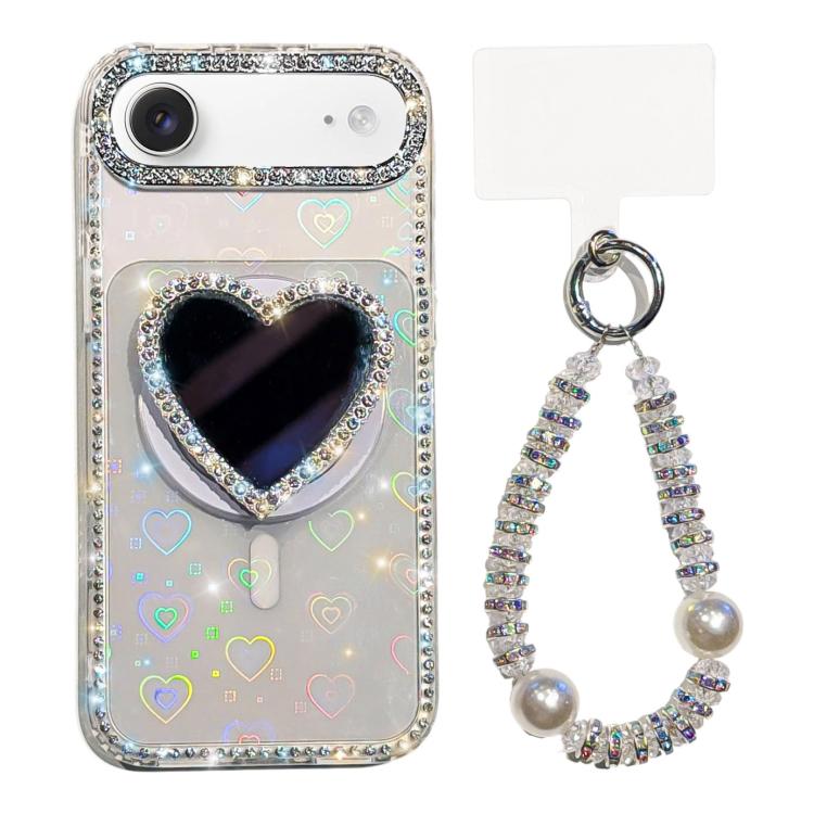 For iPhone Air Sparkling IMD Heart-Shaped Mirror Magnetic Phone Case with Bracelet
