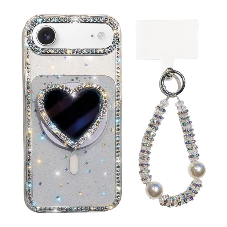 For iPhone Air Sparkling IMD Heart-Shaped Mirror Magnetic Phone Case with Bracelet