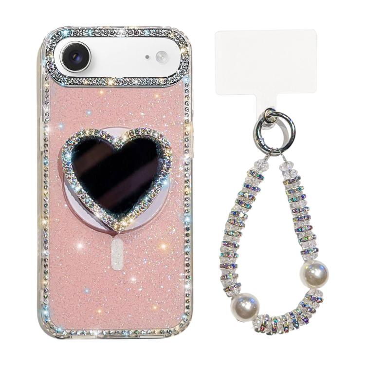 For iPhone Air Sparkling IMD Heart-Shaped Mirror Magnetic Phone Case with Bracelet