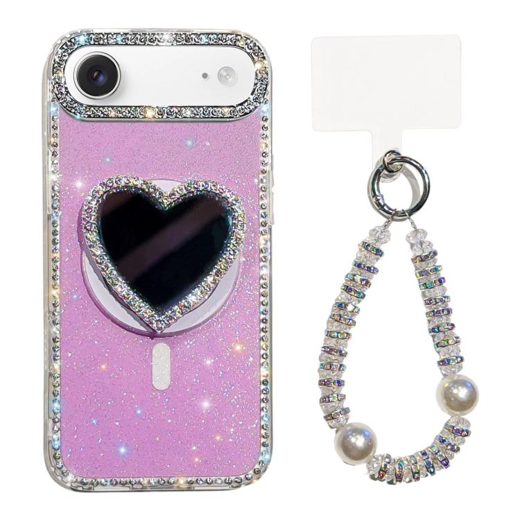 For iPhone Air Sparkling IMD Heart-Shaped Mirror Magnetic Phone Case with Bracelet