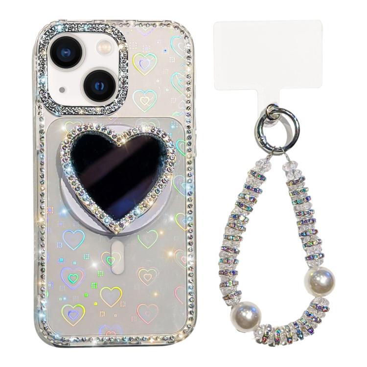 For iPhone 14 Sparkling IMD Heart-Shaped Mirror Magnetic Phone Case with Bracelet