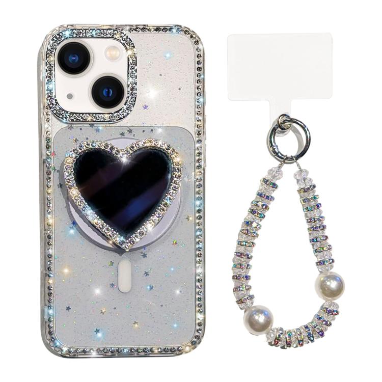 For iPhone 14 Sparkling IMD Heart-Shaped Mirror Magnetic Phone Case with Bracelet