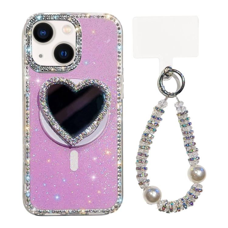 For iPhone 14 Sparkling IMD Heart-Shaped Mirror Magnetic Phone Case with Bracelet