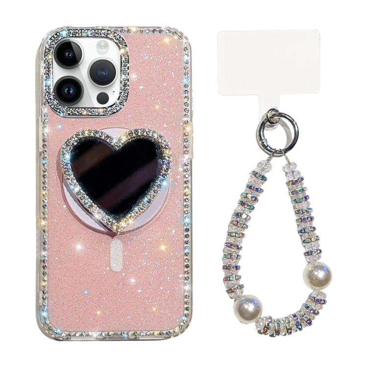 For iPhone 14 Pro Sparkling IMD Heart-Shaped Mirror Magnetic Phone Case with Bracelet