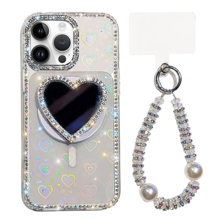 For iPhone 14 Pro Max Sparkling IMD Heart-Shaped Mirror Magnetic Phone Case with Bracelet
