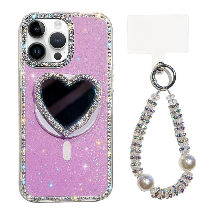 For iPhone 14 Pro Max Sparkling IMD Heart-Shaped Mirror Magnetic Phone Case with Bracelet