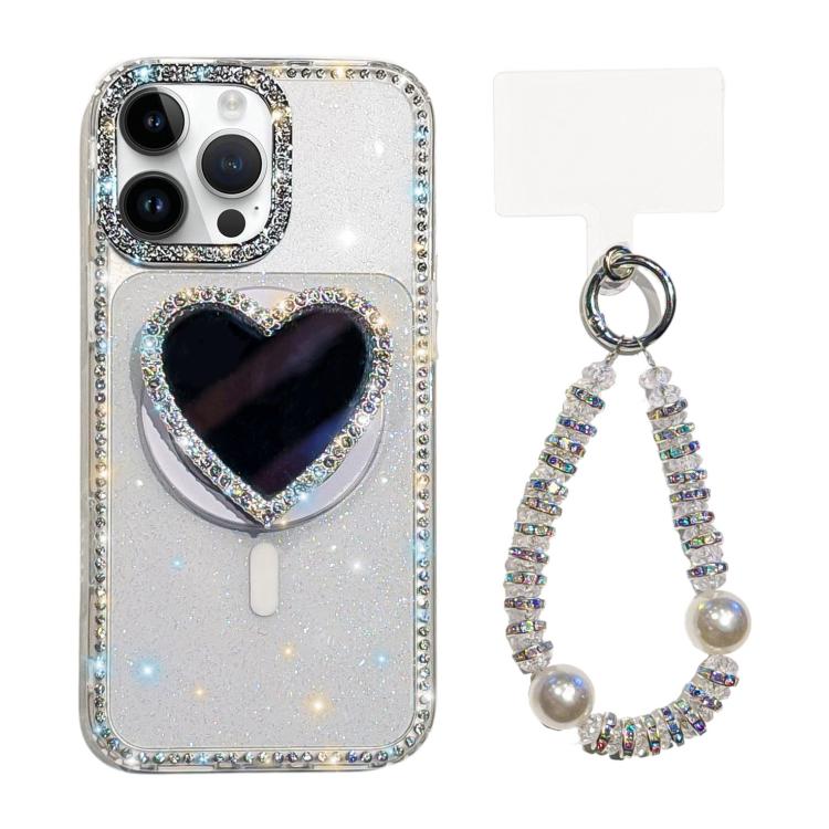 For iPhone 13 Pro Sparkling IMD Heart-Shaped Mirror Magnetic Phone Case with Bracelet