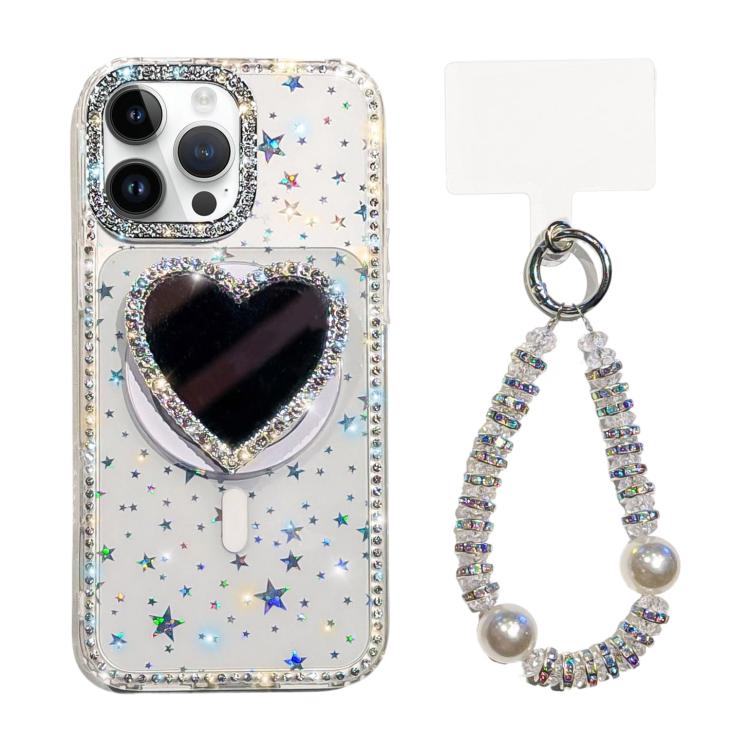 For iPhone 13 Pro Sparkling IMD Heart-Shaped Mirror Magnetic Phone Case with Bracelet