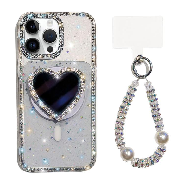 For iPhone 13 Pro Sparkling IMD Heart-Shaped Mirror Magnetic Phone Case with Bracelet