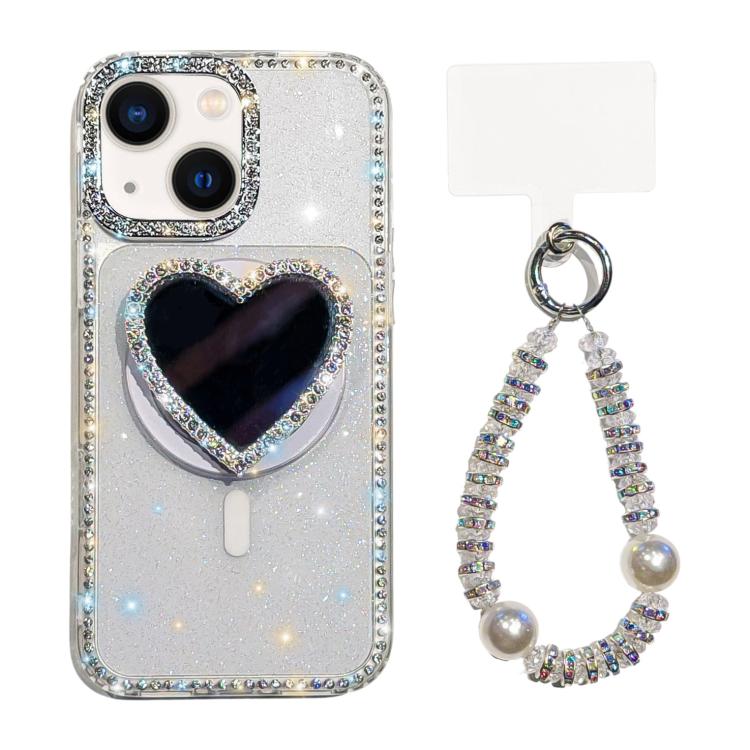 For iPhone 13 Sparkling IMD Heart-Shaped Mirror Magnetic Phone Case with Bracelet