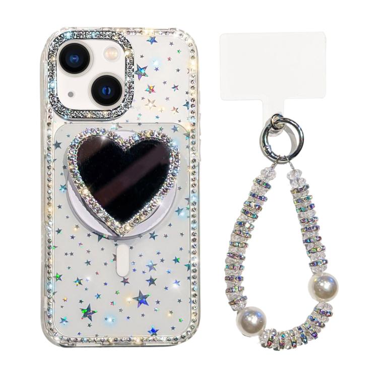 For iPhone 13 Sparkling IMD Heart-Shaped Mirror Magnetic Phone Case with Bracelet