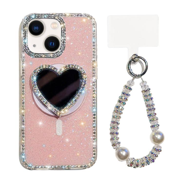 For iPhone 13 Sparkling IMD Heart-Shaped Mirror Magnetic Phone Case with Bracelet