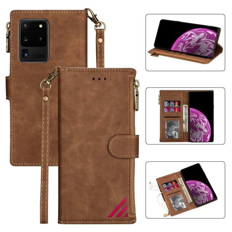 For Samsung Galaxy S20 Ultra Zipper Multi-card Slots Horizontal Flip PU Leather Case with Holder & Card Slots & Wallet & Lanyard & Photo Frame