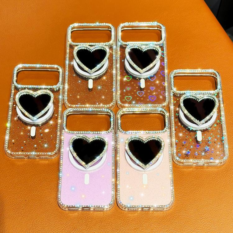 For iPhone 14 Sparkling IMD Heart-Shaped Mirror Magnetic Phone Case with Bracelet