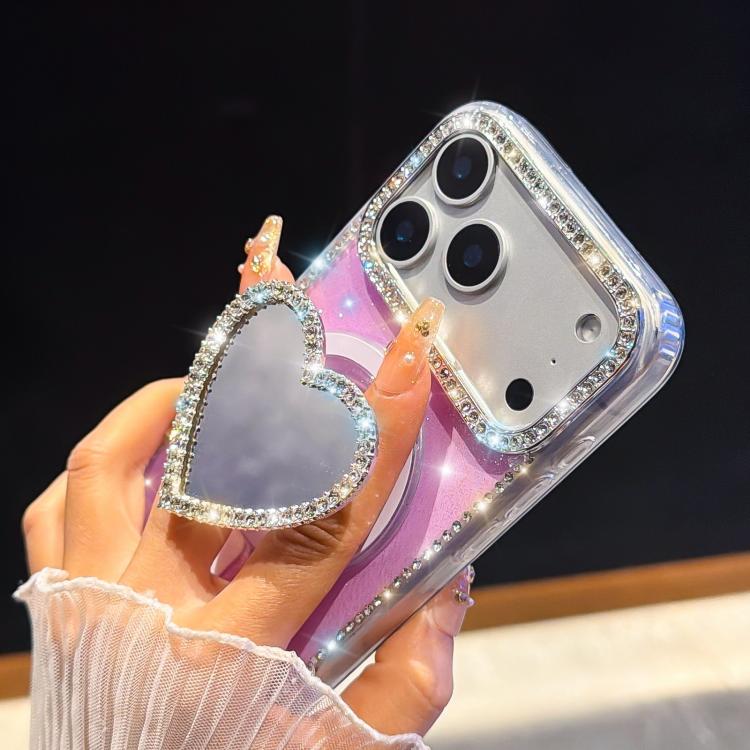 For iPhone 14 Sparkling IMD Heart-Shaped Mirror Magnetic Phone Case with Bracelet