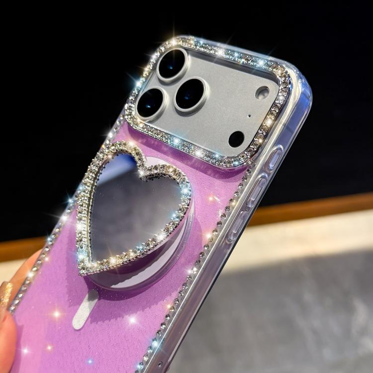 For iPhone 14 Sparkling IMD Heart-Shaped Mirror Magnetic Phone Case with Bracelet