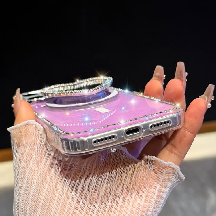 For iPhone 14 Sparkling IMD Heart-Shaped Mirror Magnetic Phone Case with Bracelet