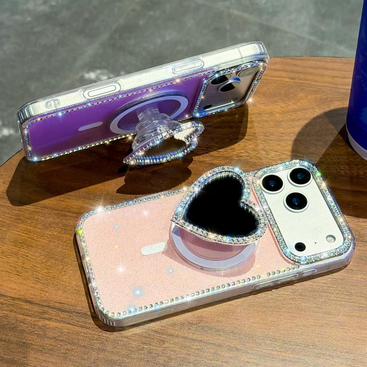 For iPhone 14 Sparkling IMD Heart-Shaped Mirror Magnetic Phone Case with Bracelet