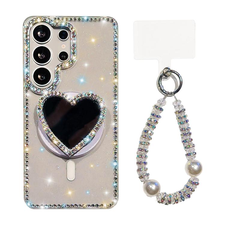 For Samsung Galaxy S23 Ultra 5G Sparkling IMD Heart-Shaped Mirror Magnetic Phone Case with Bracelet