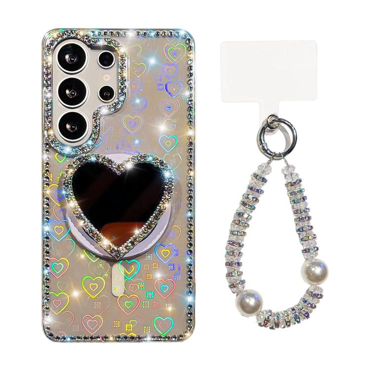 For Samsung Galaxy S23 Ultra 5G Sparkling IMD Heart-Shaped Mirror Magnetic Phone Case with Bracelet