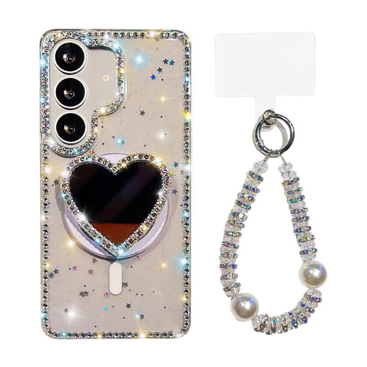 For Samsung Galaxy S24+ 5G Sparkling IMD Heart-Shaped Mirror Magnetic Phone Case with Bracelet