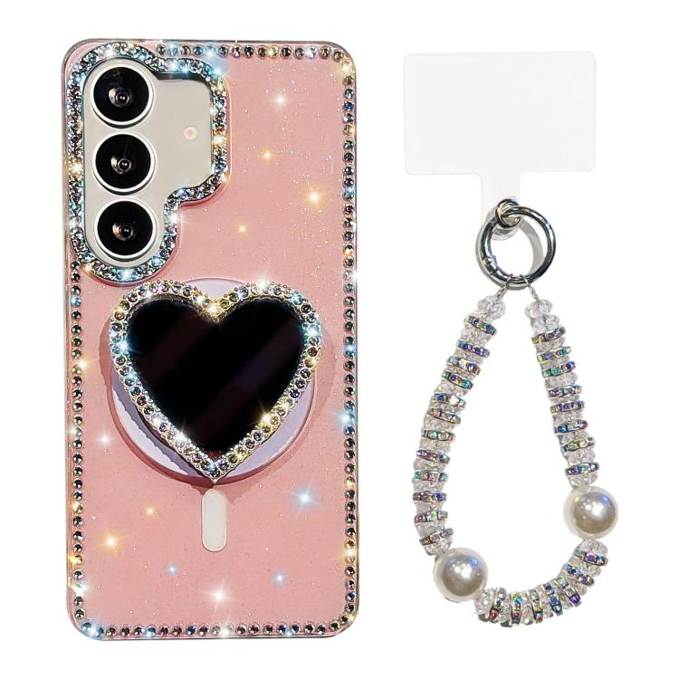 For Samsung Galaxy S24+ 5G Sparkling IMD Heart-Shaped Mirror Magnetic Phone Case with Bracelet