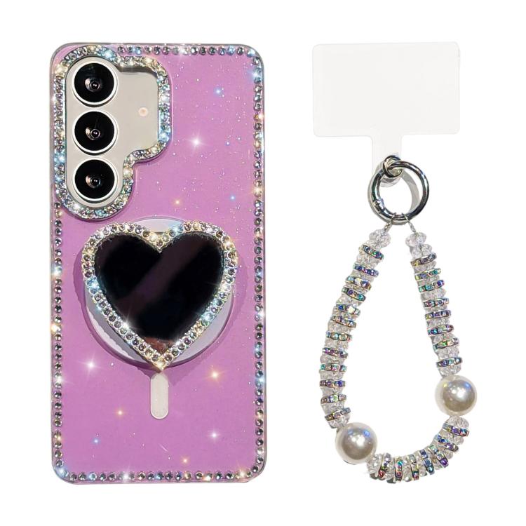 For Samsung Galaxy S24+ 5G Sparkling IMD Heart-Shaped Mirror Magnetic Phone Case with Bracelet