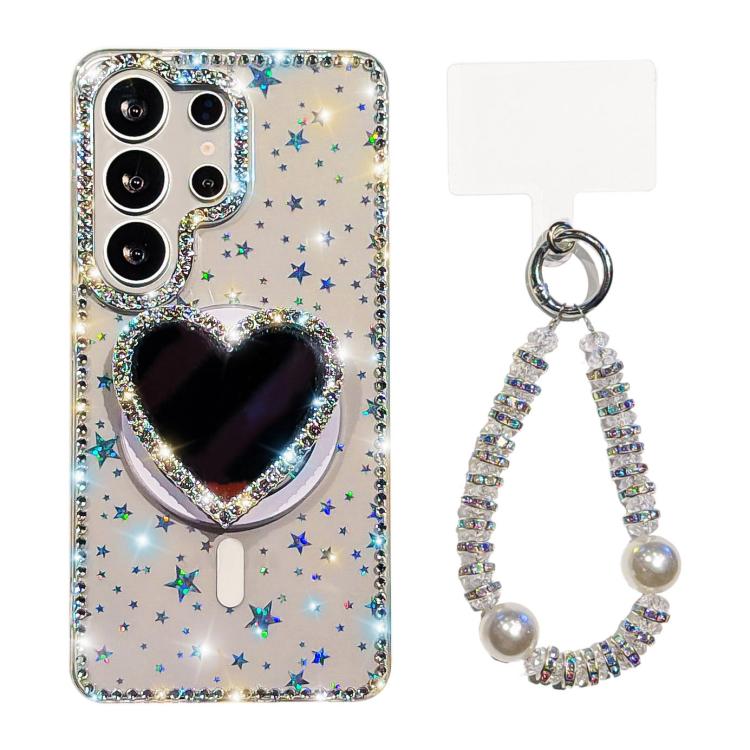 For Samsung Galaxy S24 Ultra 5G Sparkling IMD Heart-Shaped Mirror Magnetic Phone Case with Bracelet