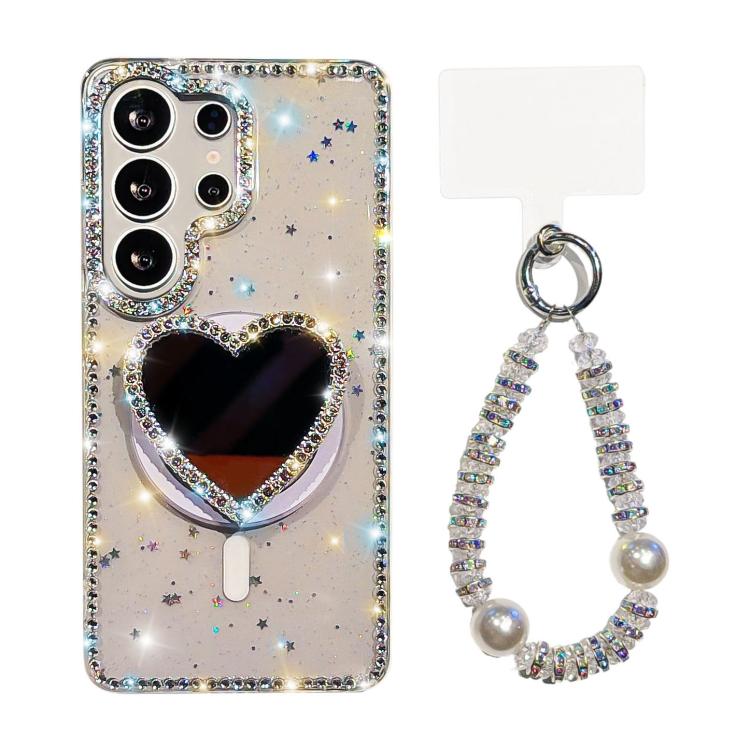 For Samsung Galaxy S24 Ultra 5G Sparkling IMD Heart-Shaped Mirror Magnetic Phone Case with Bracelet