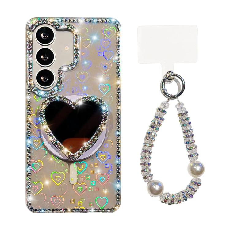For Samsung Galaxy S25 5G Sparkling IMD Heart-Shaped Mirror Magnetic Phone Case with Bracelet