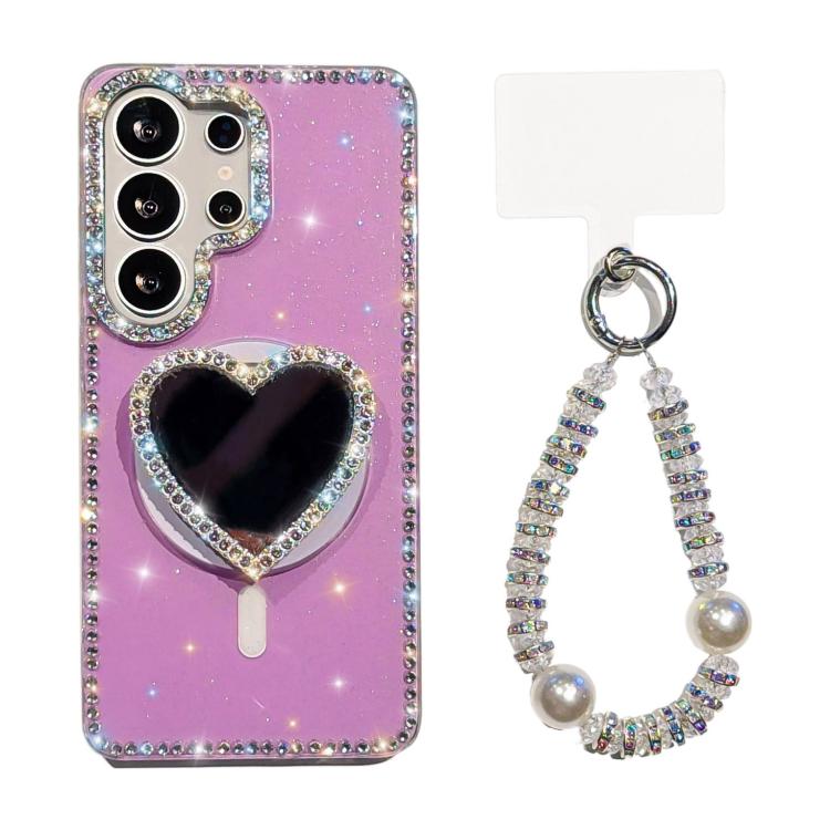 For Samsung Galaxy S25 Ultra 5G Sparkling IMD Heart-Shaped Mirror Magnetic Phone Case with Bracelet
