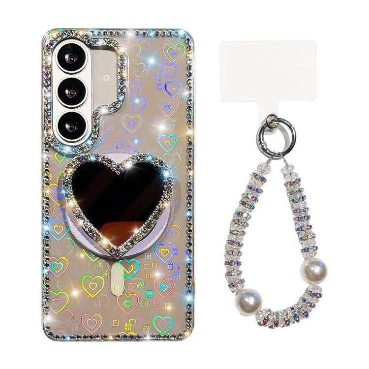 For Samsung Galaxy S26+ 5G Sparkling IMD Heart-Shaped Mirror Magnetic Phone Case with Bracelet