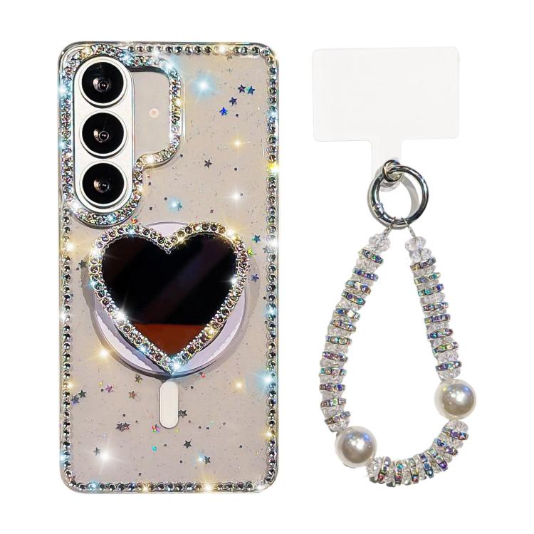For Samsung Galaxy S26+ 5G Sparkling IMD Heart-Shaped Mirror Magnetic Phone Case with Bracelet