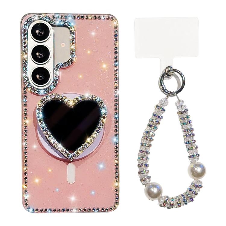 For Samsung Galaxy S26+ 5G Sparkling IMD Heart-Shaped Mirror Magnetic Phone Case with Bracelet